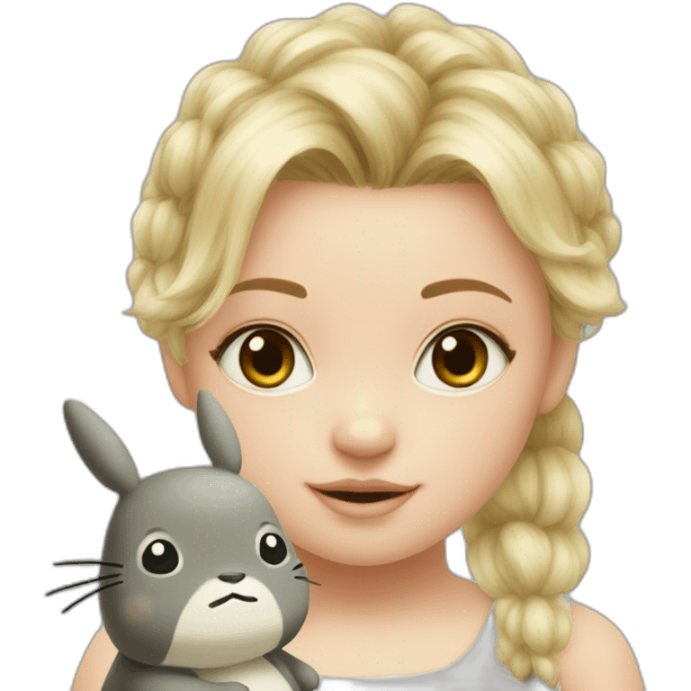 bébé fille blonde décoiffée avec une peluche Totoro  emoji