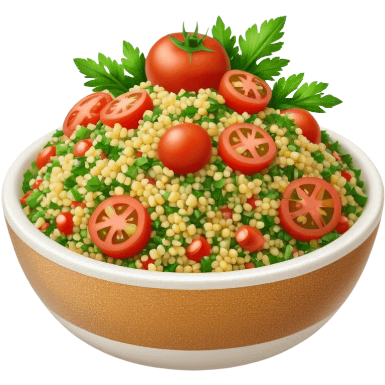 Cinematic Realistic Tabbouleh Salad Dish Emoji, showcasing a fresh herbaceous salad with bulgur, tomatoes, and parsley rendered with crisp textures and natural, vibrant lighting. emoji