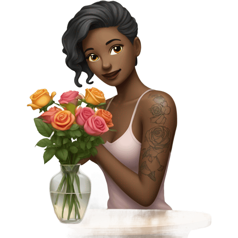 Hyper Realistic beautiful woman model with a small rose tattoo arranging flowers in a vase emoji