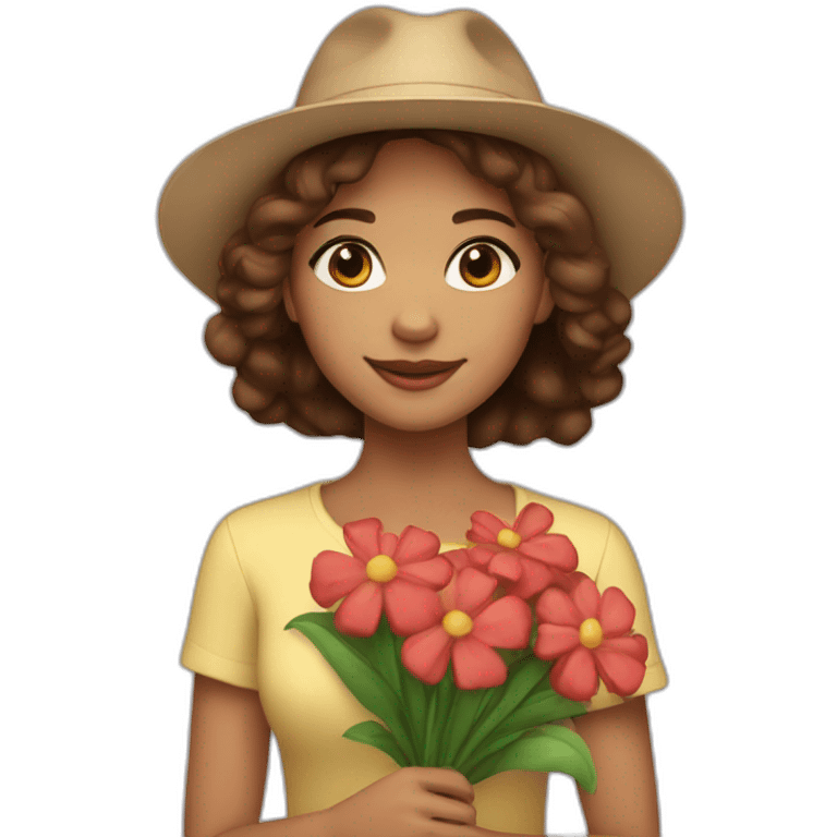 Light skin, Girl with a hat, brown hair straight to the shoulders, holding a bouquet of flowers emoji