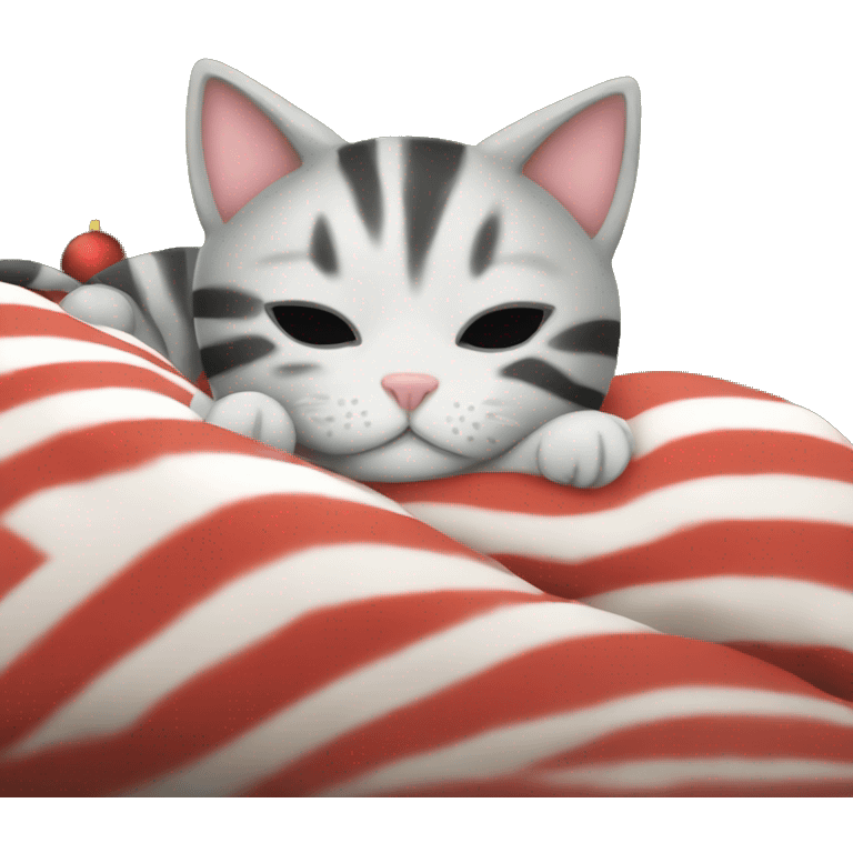 striped kitten sleeping in bed next to christmas tree emoji