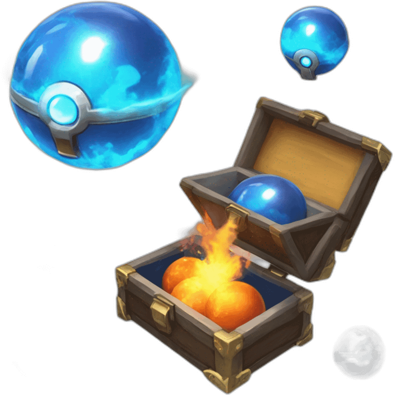 Pokemon Game LootCase Color Blue Fire Flame Rich Treasure Legendary Epic Pokeballs and Pokemons Inside this have Shiny Glow emoji