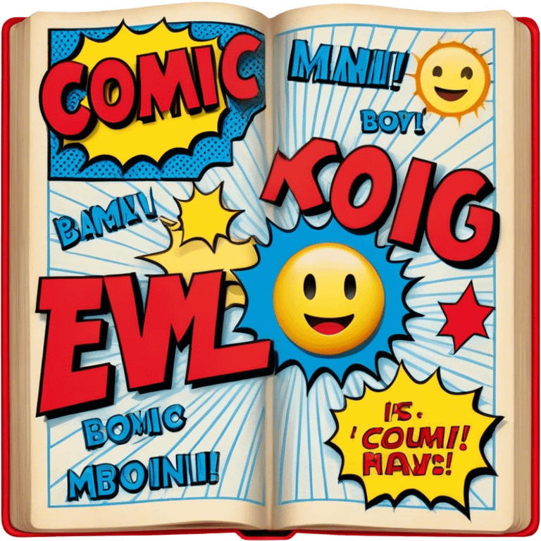 Create a vibrant emoji, representing comic books and graphic novels as an art form. The design should feature a large, opened comic book with vintage comic panels on the pages. Include a pencil (without a hand), writing text or sketching on the pages. The comic panels should have bold lines and retro-style artwork with classic comic book visuals. Use bright, energetic colors like red, yellow, and blue to evoke excitement and creativity. The overall design should feel dynamic, vintage, and artistic. Make the background transparent. emoji