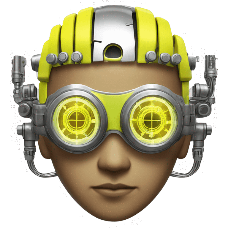 Neon yellow short hair Asian male cyborg head with silver steampunk goggles and circuits emoji