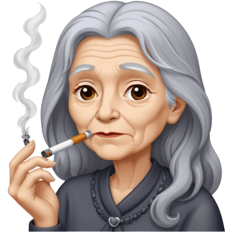 Old woman with very long gray hair smoking emoji