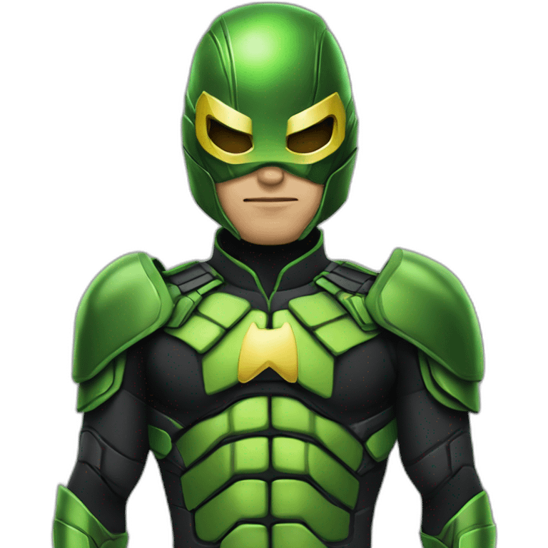 A superhero wearing an armored green and black suit inspired by Kick Ass and the Dragon Fly from super hero movie, the suit has a yellow M shaped emblem in the middle of the chest emoji