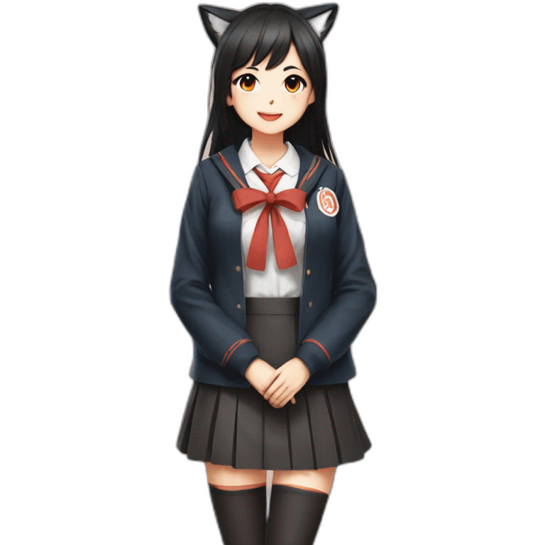 beautiful fox girl with black haired in Japanese school uniform Full length emoji