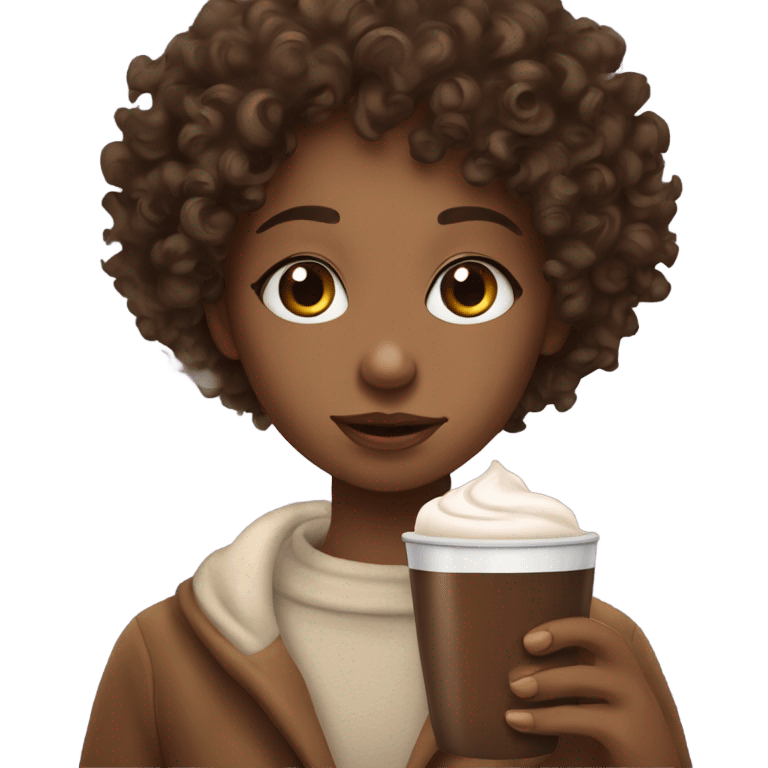 Curly haired girl drinks hot chocolate emoji