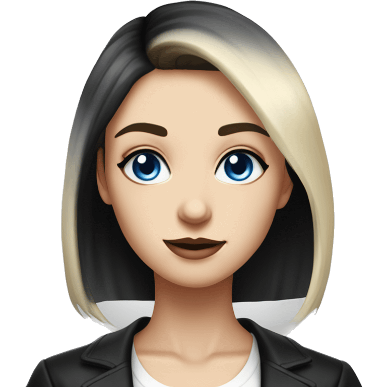 waist-length portrait, looking up, Slavic adult woman, goth eyes makeup, blue eyes, medium bob black-to-blonde ombre straight hair, white T-shirt and black office jacket. emoji