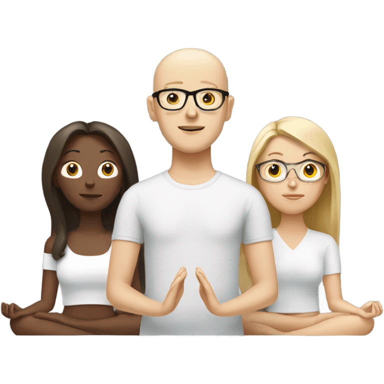 A white blonde person, a white brunette person and a brown bald person with glasses meditating with each other  emoji