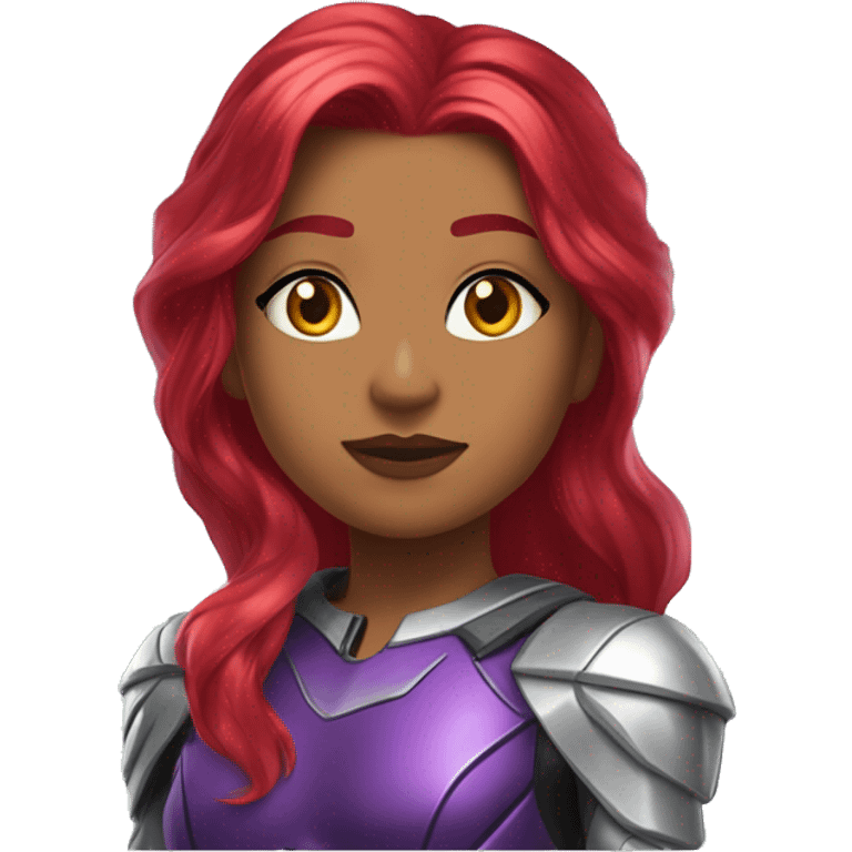 dc comics starfire firey red hair; purple and silver outfit; ￼ emerald eyes emoji