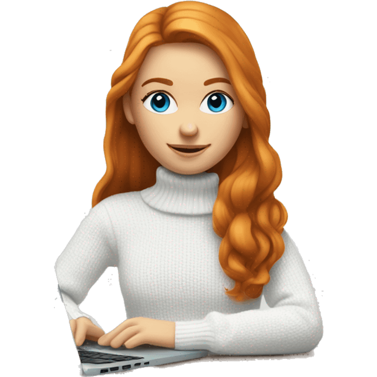 ginger girl with long hair and blue eyes in turtle neck white sweater working on a laptop emoji