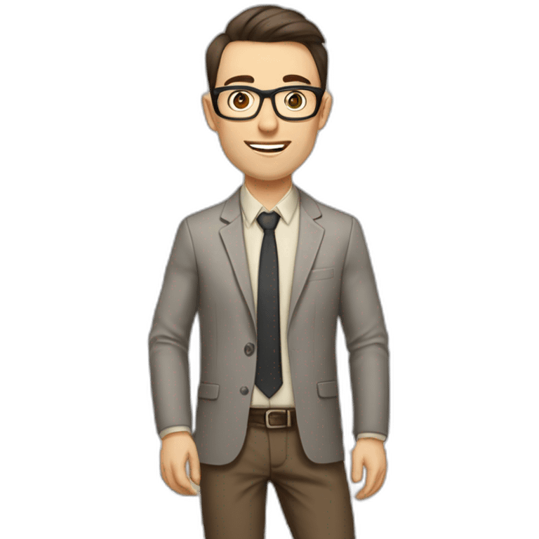 Pale skinned fit man with dark brown hair in gray jacket, beige office shirt, brown tie, brown pants and vintage glasses Writing on the marker board emoji