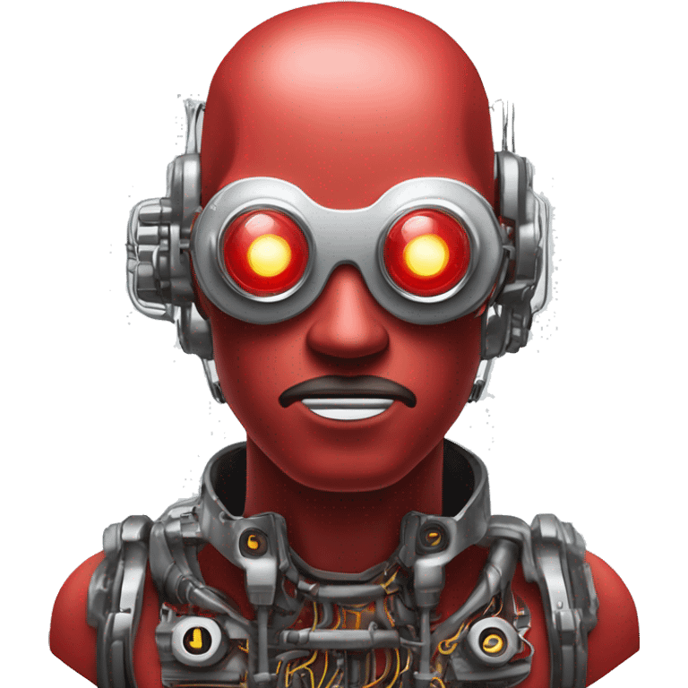 Red round male cyborg head with silver goggles, silver goatee and circuits emoji