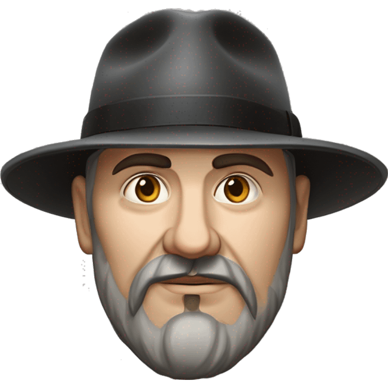 Russian writer Alexander Kuprin Photorealism A plump serious man of Slavic appearance with Small eyes with goatee beard and mustache, with a  short haircut, big detailed face, wrinkled face, wearing a fedora hat emoji