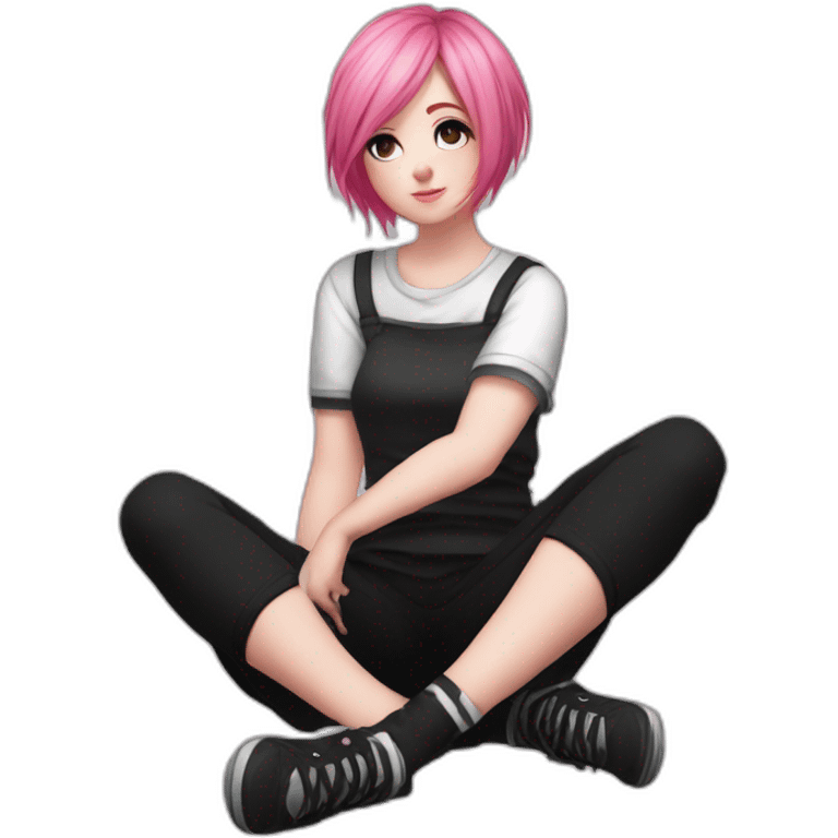 Full body Front view curvy emo girl pink hair sits on the floor straight view hands up black skirt белые трусики рваные полосатые чулки emoji