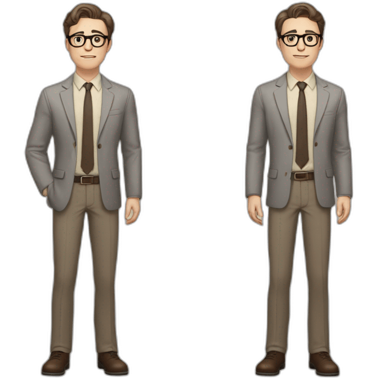 Full height Pale skinned Fit Man With dark brown hair in gray jacket, beige office shirt, tie, Brown pants and vintage glasses. Thrumbs of his palms directed up emoji