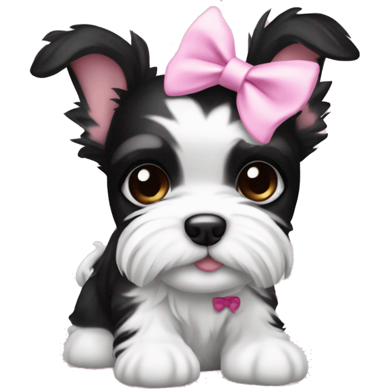 Black and white Biewer Terrier puppy with pink bow between ears  emoji