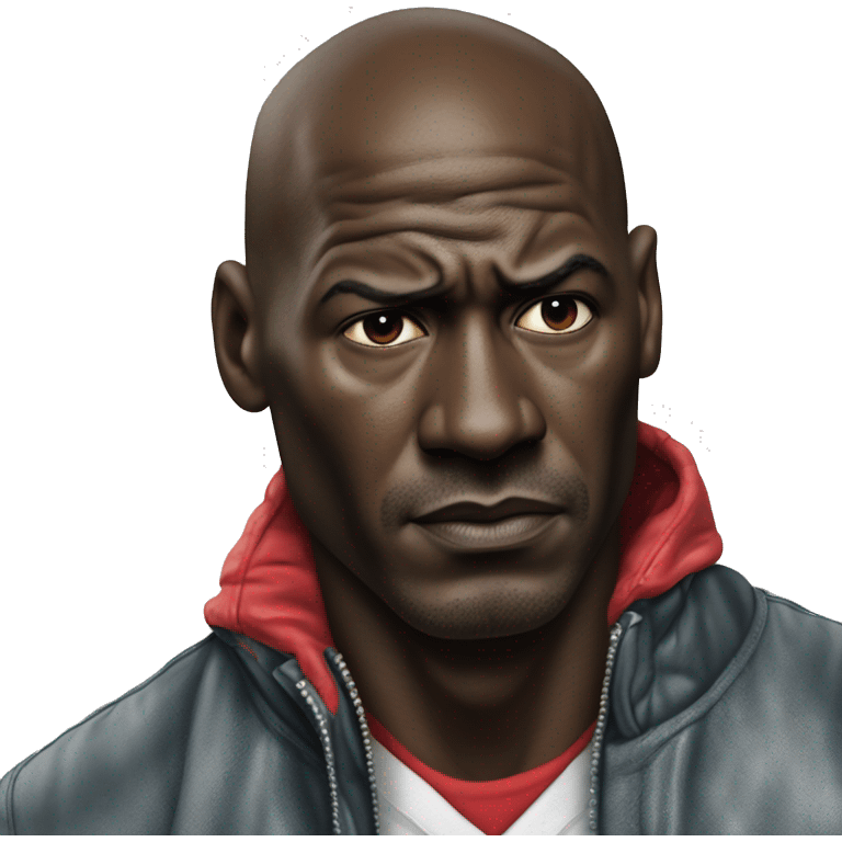 Michael Jordan in a jacket holds his head and is sad photorealistic serious emoji