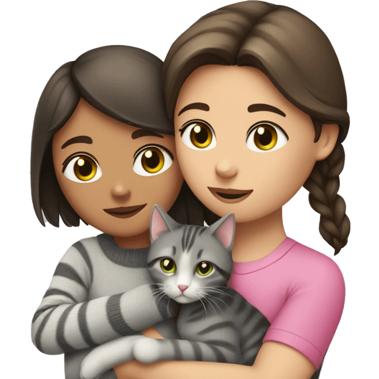 A girl with dark brown hair hugs a gray tabby cat with a pink nose and green eyes emoji