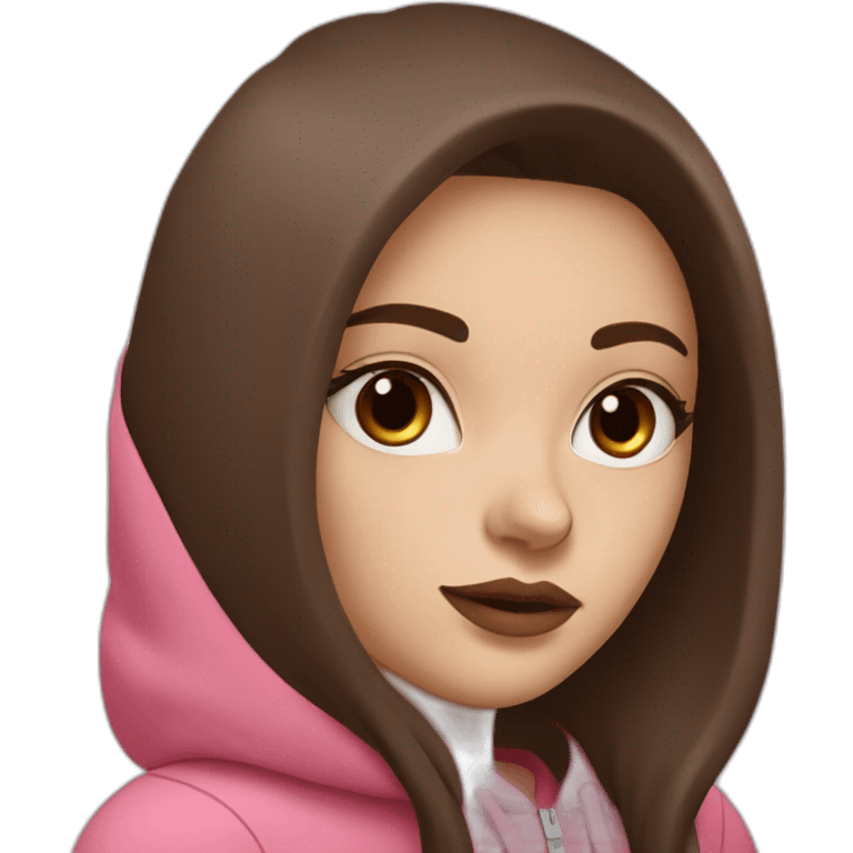 White women with long dark brown hair and long eyelashes dark brown eyes and pink cheeks with pink lips and thick dark brown eyebrows wearing a brown hoody emoji