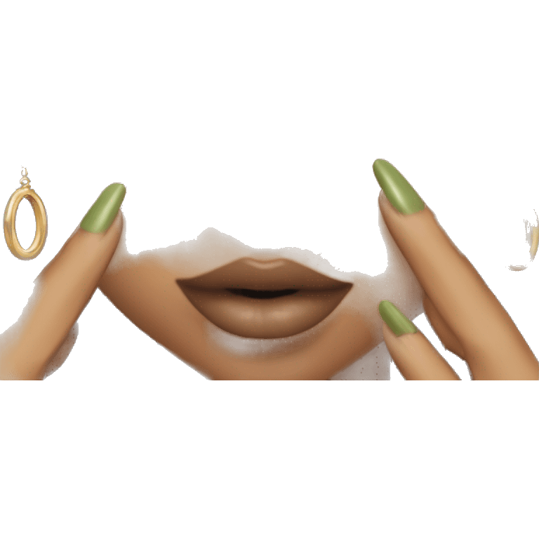 Glamorous, streetwear, black hair, long wavy hair, olive skin, green almond eyes, winged eyeliner with big lashes, wearing hooped earrings, rings and bracelets, almond fake nails emoji