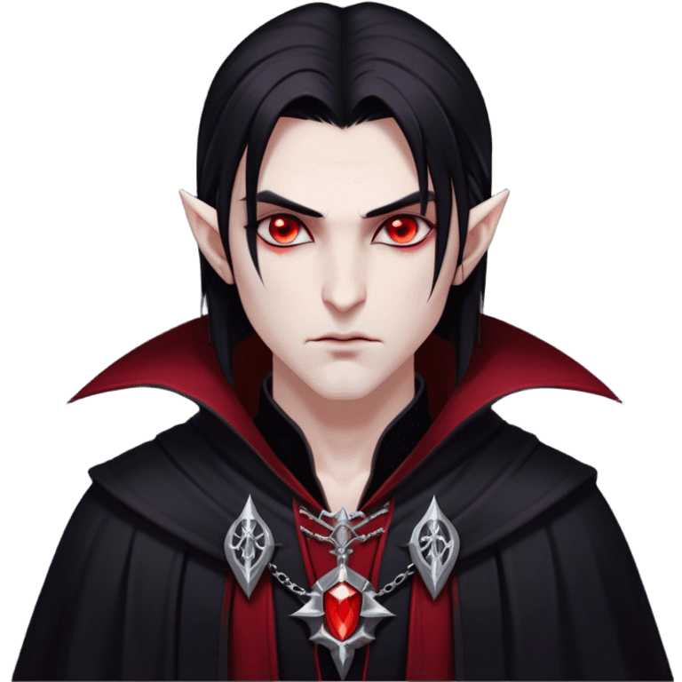 Cinematic Realistic WoW Vampire Mage Portrait, head tilted epicly and inquisitively, showcasing a commanding presence and ancient arcane mastery. His pallid skin and sleek dark hair are set against the intricately detailed black robe—with silver accents and mystical runes—that remains consistent in its shadowed elegance. His piercing crimson eyes blaze with forbidden power, rendered with dramatic, lifelike clarity and high shine, epic and awe-inspiring. emoji