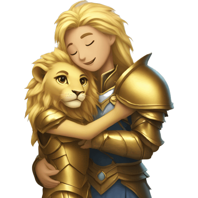 A lion leonin with golden armor hugging a female blonde elf  emoji