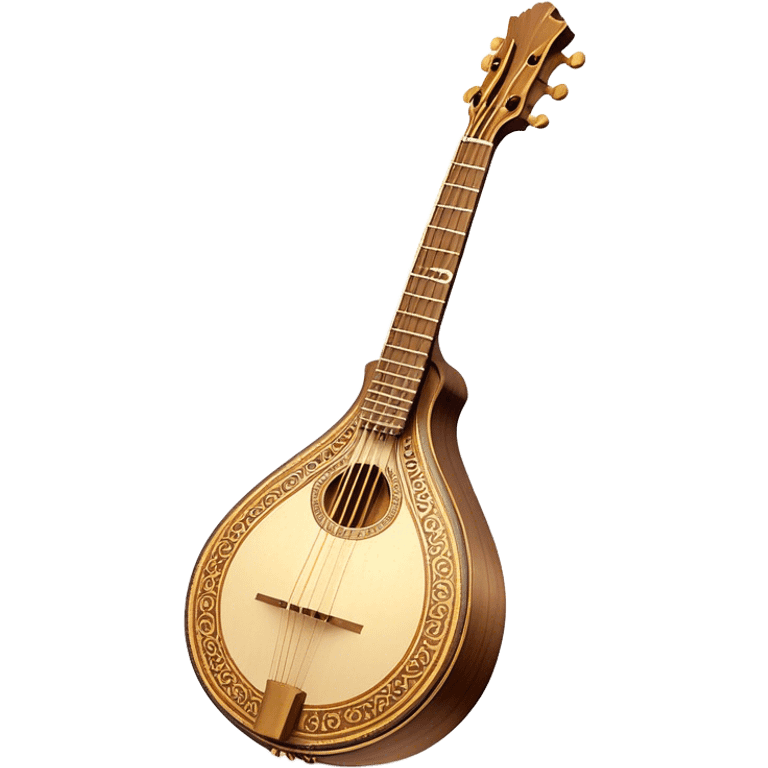 Bouzouki – Cinematic Realistic Bouzouki, depicted as a beautifully crafted Greek string instrument with a long neck and ornate fretwork, its polished wooden body reflecting warm golden light, set on a rustic background with soft shadows that evoke traditional Mediterranean music. emoji