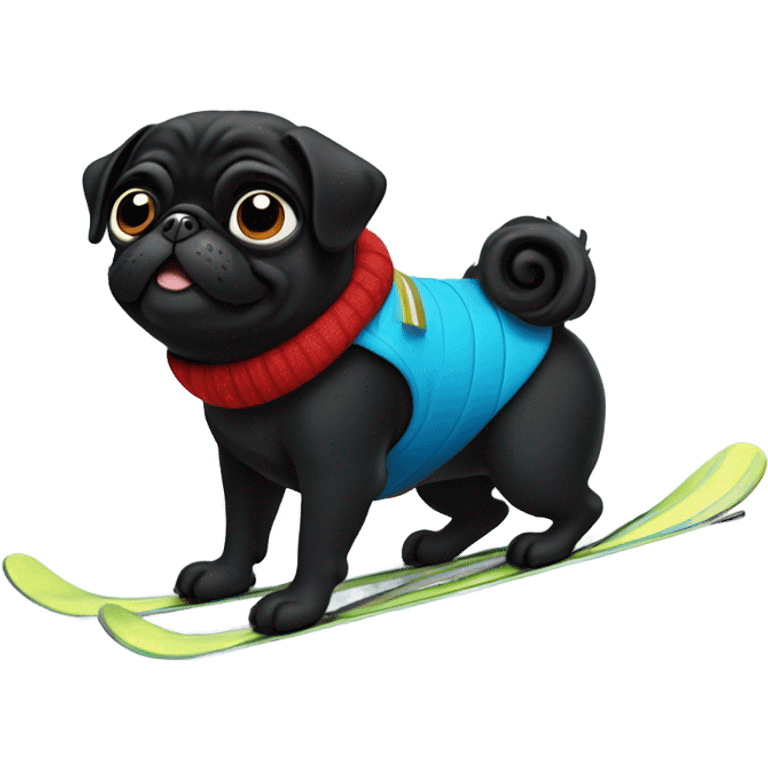 Black pug with a curly tail skiing on a snowy mountain emoji