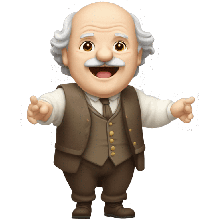 Short pudgy old man over enthusiastic happy excited face bald forehead long wavy gray and brown brunette long wavy hair moustache Shakespearean dress vintage clothes hamlet small arms emoji