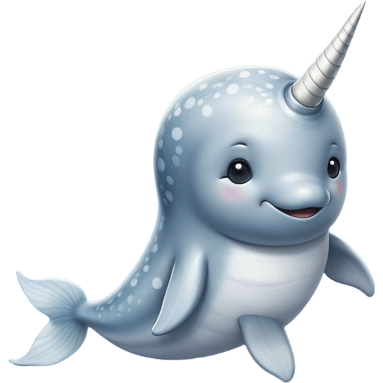 Cinematic Noble Cute Narwhal Portrait Emoji, Poised and graceful, with a streamlined, gently curved body clad in mottled, silvery-gray skin, accented by a long, spiraled ivory tusk and wide, expressive eyes radiating playful intelligence, Simplified yet sharp and sophisticated features, highly detailed, glowing with a cool, frosted ocean glow, high shine, intelligent and enigmatic, stylized with an air of whimsical marine majesty, focused and graceful, soft glowing outline, capturing the essence of a watchful and confident cute narwhal that appears ready to glide out of the screen with effortless charm! emoji