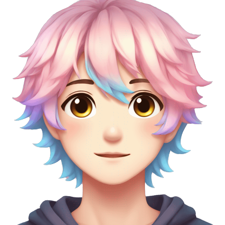 Gorgeous anime style boy with blushing face aesthetic and pretty colorful shiny gradient pastel hair trending style emoji