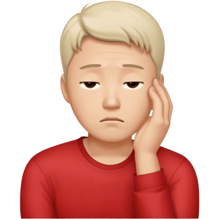 A worried white Korean man in a red shirt, resting his head on one hand emoji