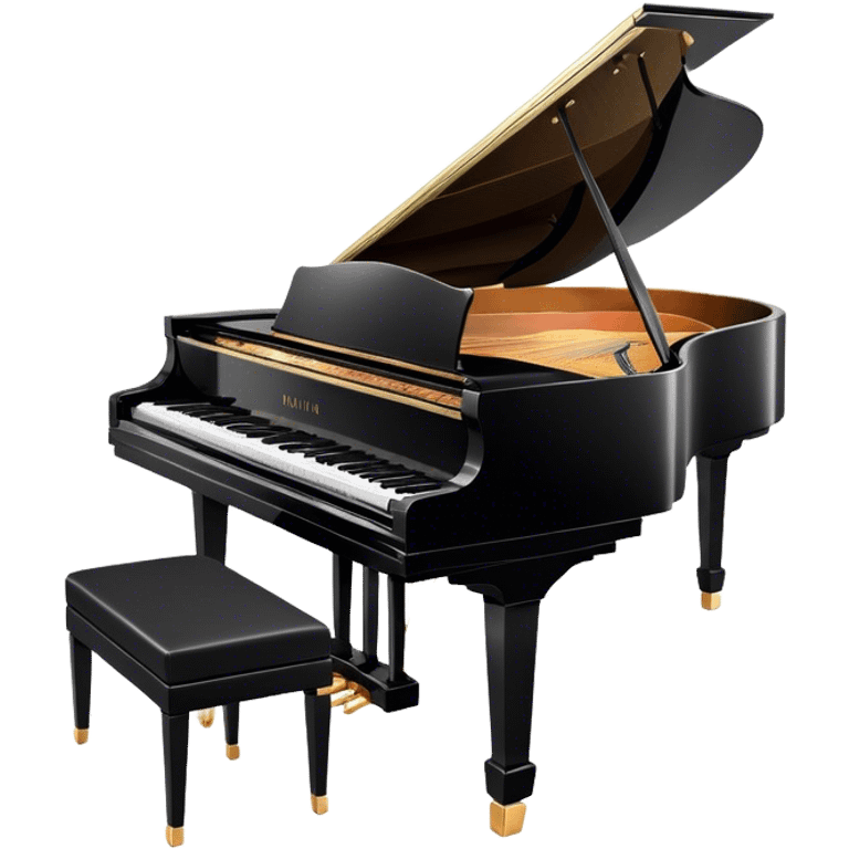 Cinematic Realistic Piano, glossy black grand piano with elegantly curved edges, pristine white and black keys, soft golden light reflecting off its polished surface, faint reflections of a musician’s hands, glowing with refined elegance and musical depth. emoji