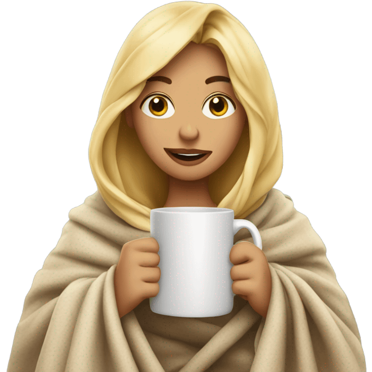 Blonde girl wrapping in blanket drinking coffee  emoji