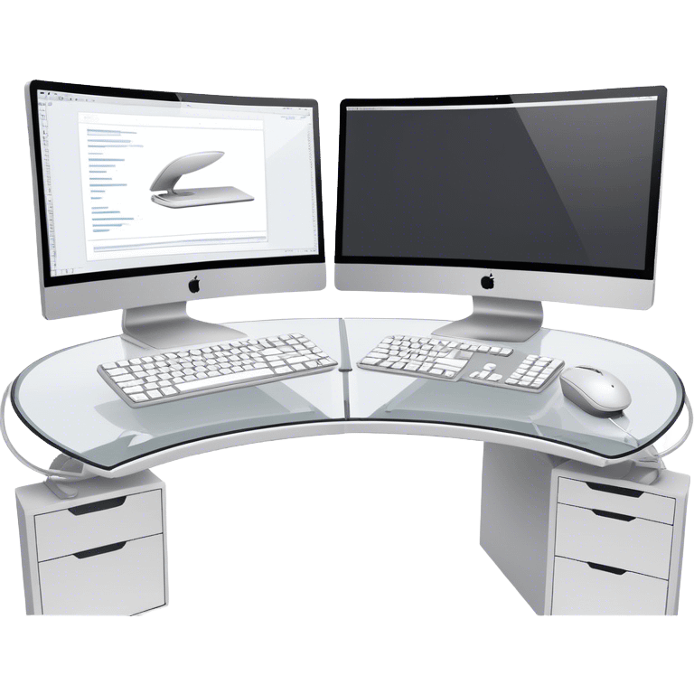 Create an emoji for UX/UI design. Two large curved monitors placed next to each other, displaying design mockups or wireframes. A mouse, keyboard, and stylus to symbolize the tools used in the design process. Do not include any emojis or smiley faces. Background transparent. emoji