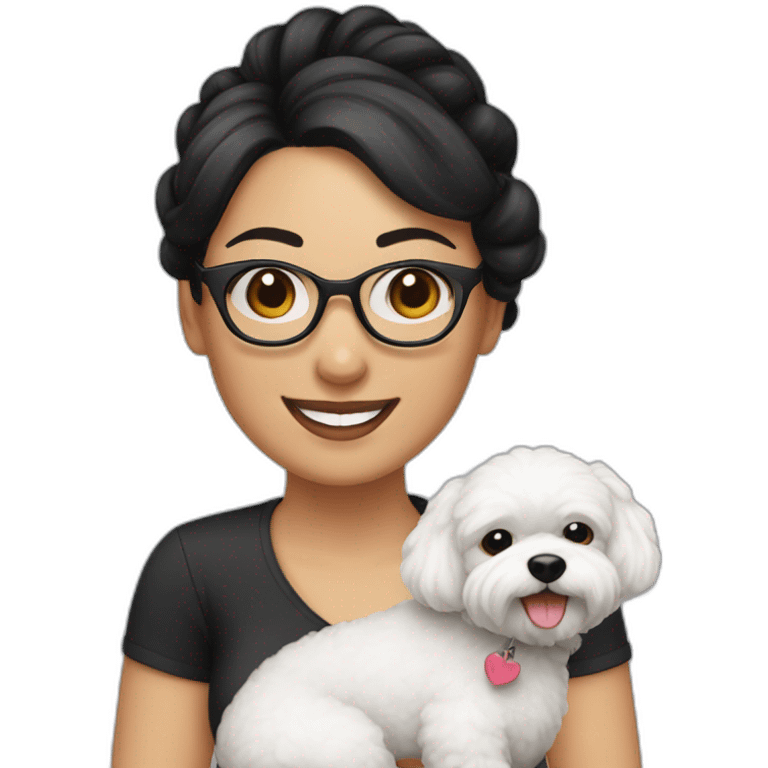 woman-black hair-bun-with glasses-with bichon dog-white-smile emoji