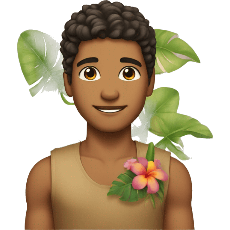 Tropical tan boy with long lashes and brown eyes with a flower in left ear  emoji