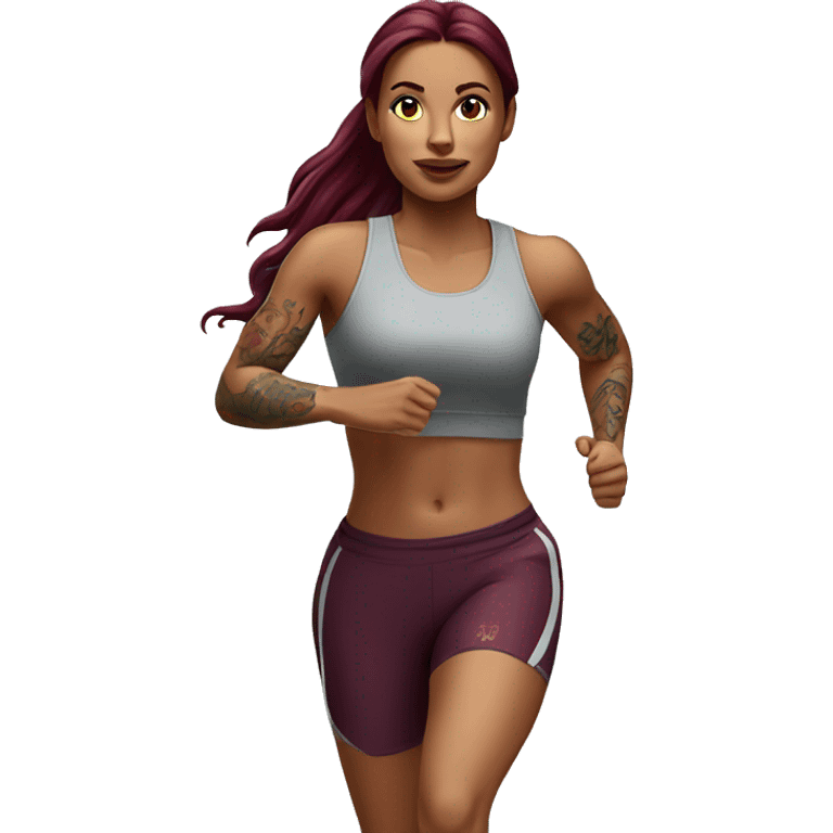 Beautiful tattooed  burgundy long haired woman jogging emoji