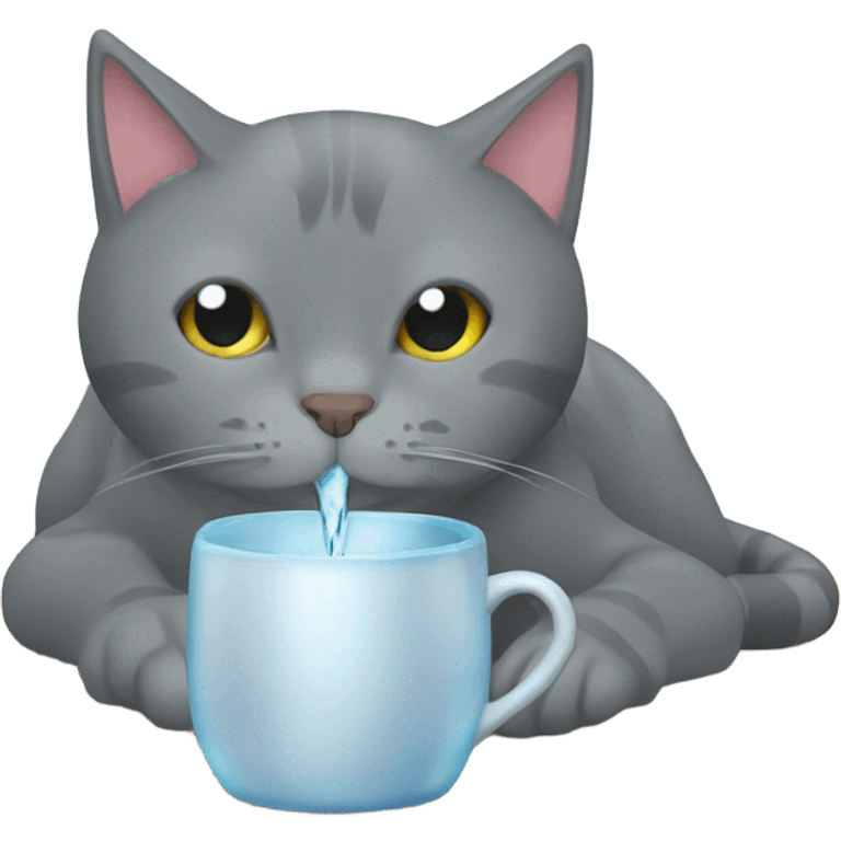 Grey cat drinking water from cup while laying down emoji