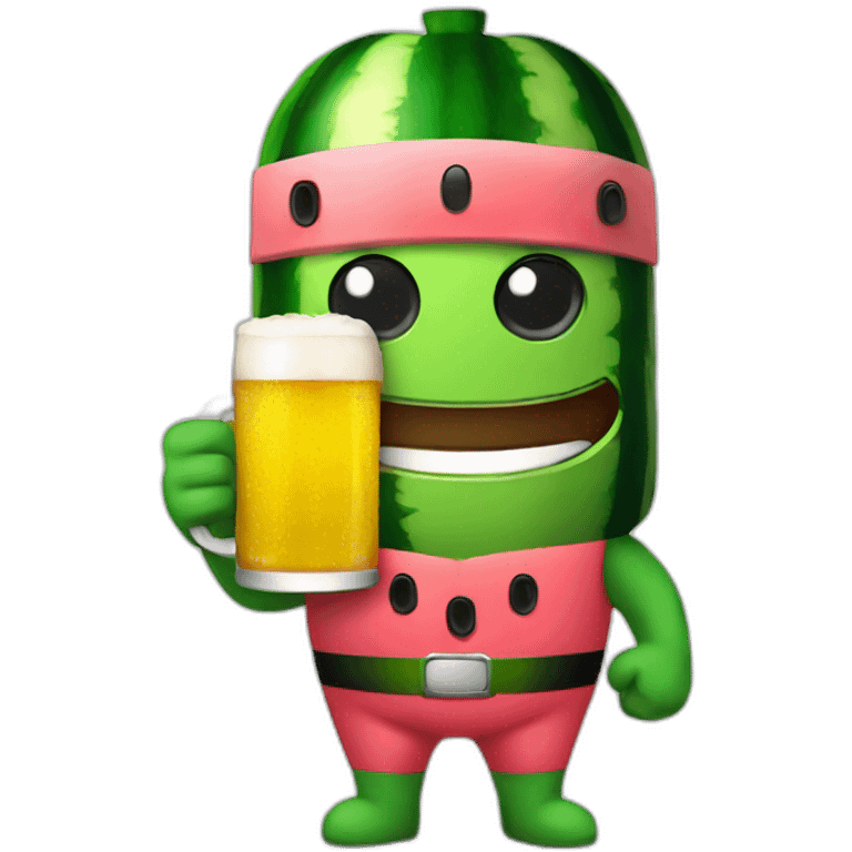 Watermelon superhero holding a beer emoji