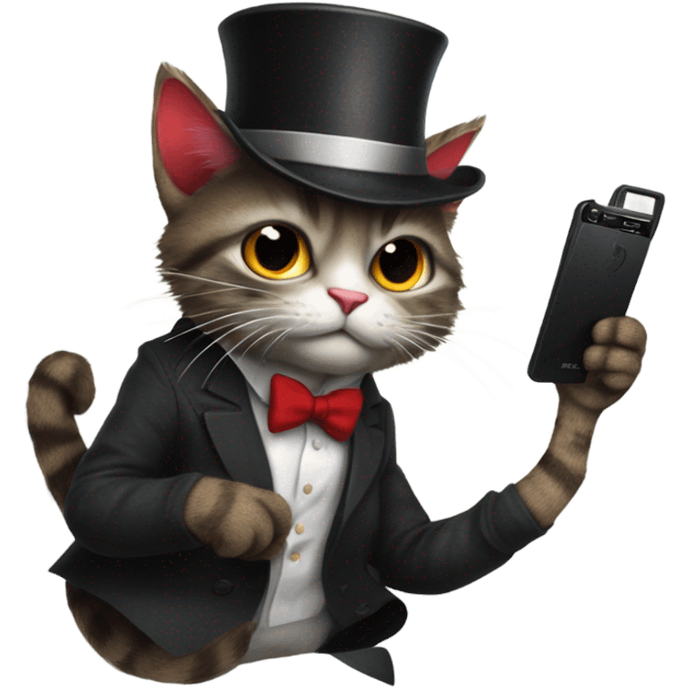 Cat with a top hat wearing a suit and tie and black ripped jeans with a fluffy tail and sharp claws and fingerless gloves while holding a red phone emoji