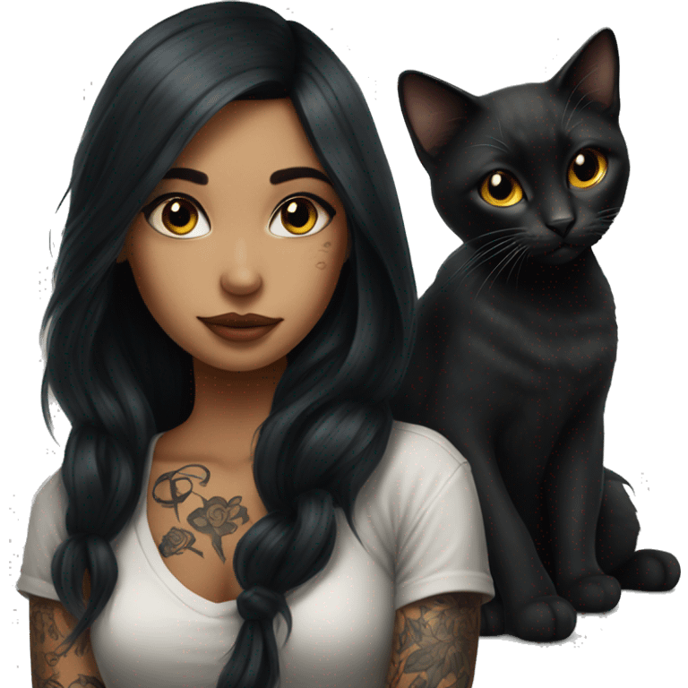 beautiful girl with tattoos, with long black hair, with black cat emoji