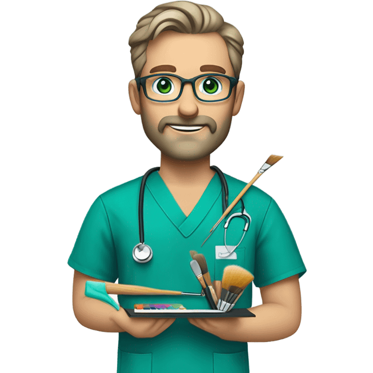 male dark blond with grey beard doctor with blue-green eyes and wire-rimmed glasses in teal scrubs holding a paintbrush and a paint palette emoji