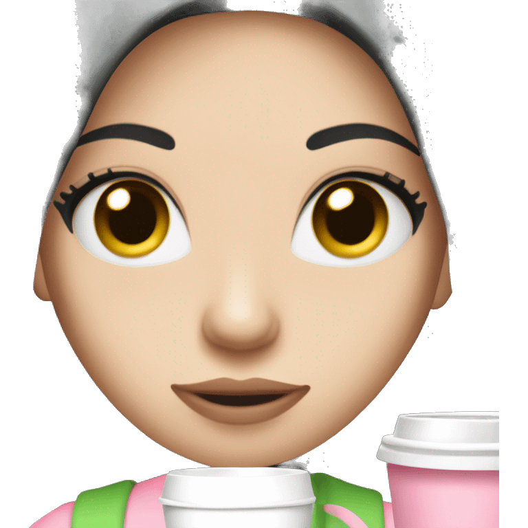 pretty woman with pale skin, very long black hair and green eyes and light pink outfit holding a pink coffee cup emoji