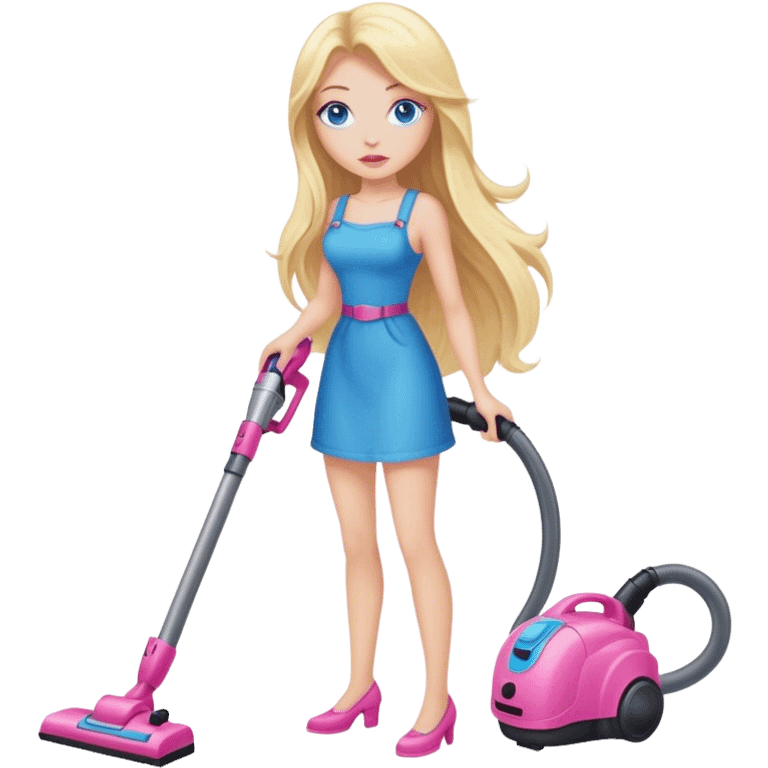 Cinematic realistic blonde with long hair, blue eyes and pink lips vacuums emoji