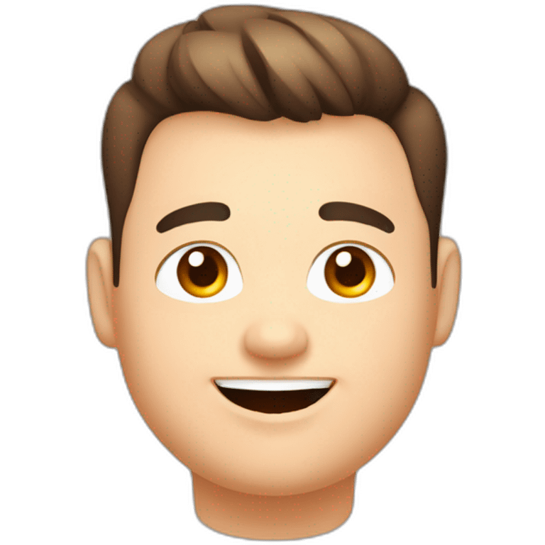 Friendly young chubby male person with brown eye, with pompadour, with thick eyebrow happy positive energy has gratitude gesture, brown hair emoji