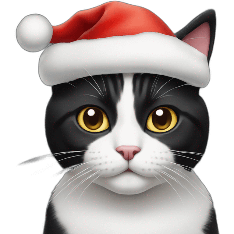 Tuxedo cat with half White nose with Christmas hat emoji