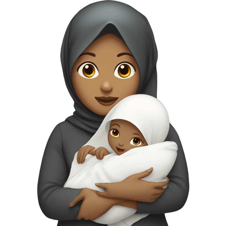 white hijabi woman holding a white baby boy emoji